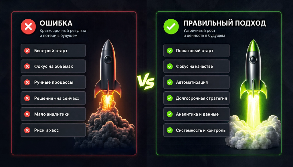 Сравнительная иллюстрация: 5-6 ошибок и правильных подходов в двух колонках