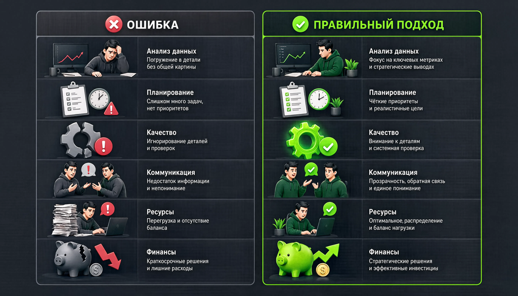 Сравнительная иллюстрация с двумя колонками: ошибки и правильный подход