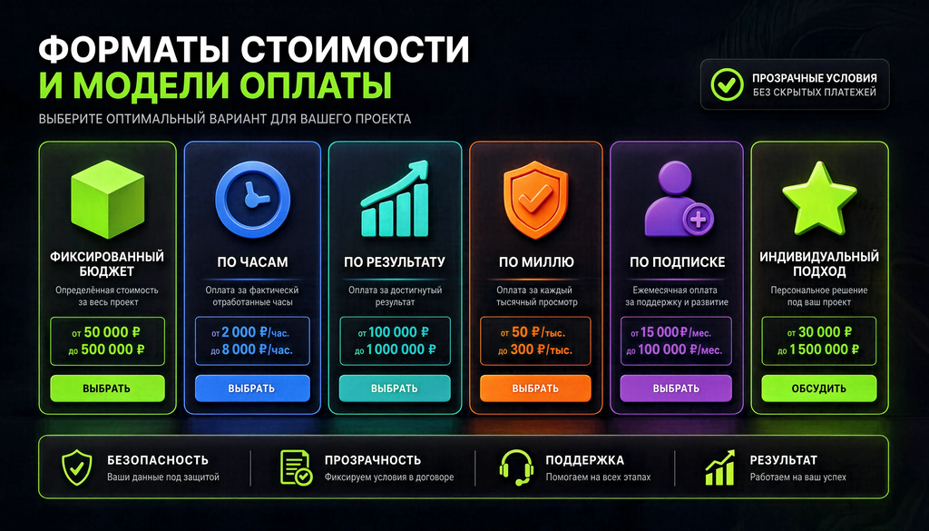 Инфографика стоимости по форматам с моделями оплаты и диапазонами для оценки бюджета