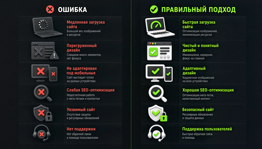 Сравнительная иллюстрация ошибок и правильного подхода
