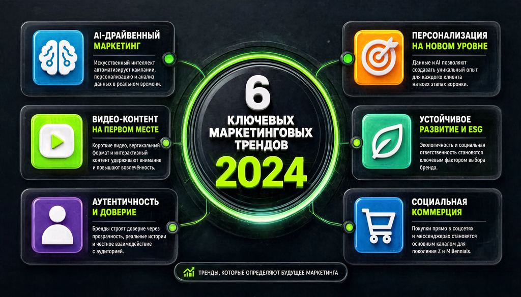 Схема 6 ключевых маркетинговых трендов 2024 с иконками и описаниями