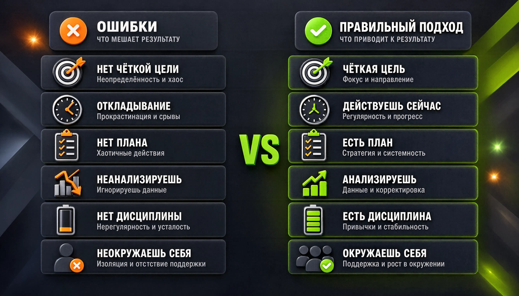 Сравнительная иллюстрация ошибок и правильного подхода в пяти-шести примерах