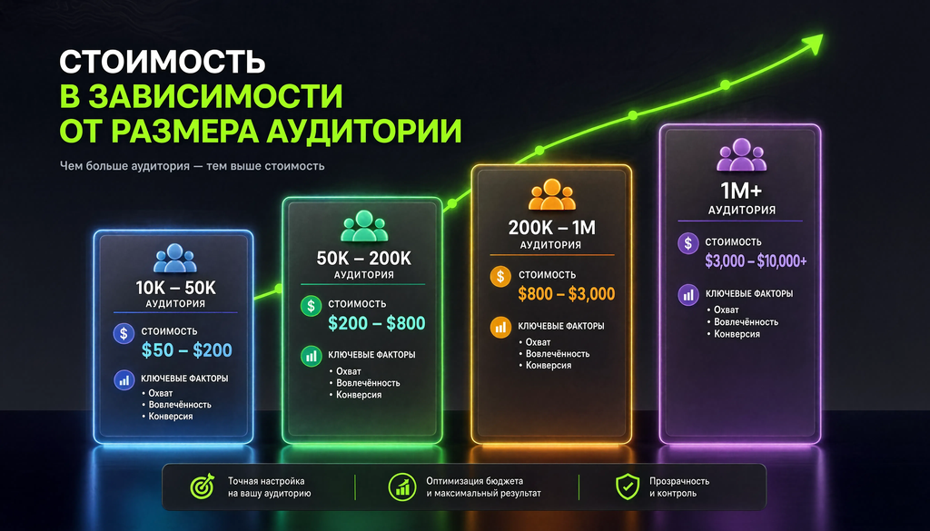 Инфографика стоимости рекламы по размеру аудитории: четыре диапазона с указанием ставок и факторов