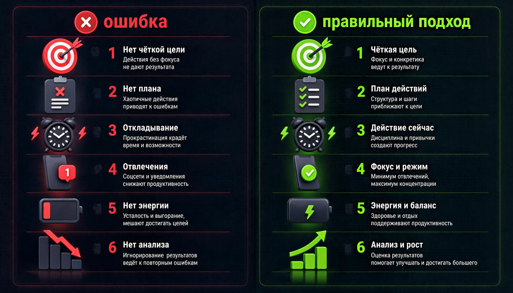 Сравнительная иллюстрация: ошибки и правильный подход в двух колонках
