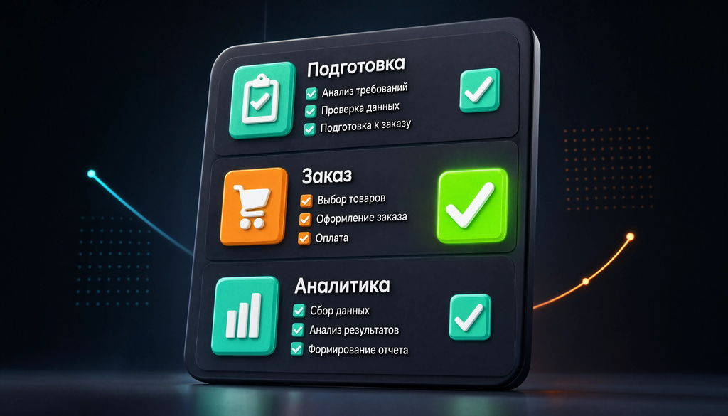 Чек-лист заказа: подготовка, заказ, аналитика. Инфографика с галочками.