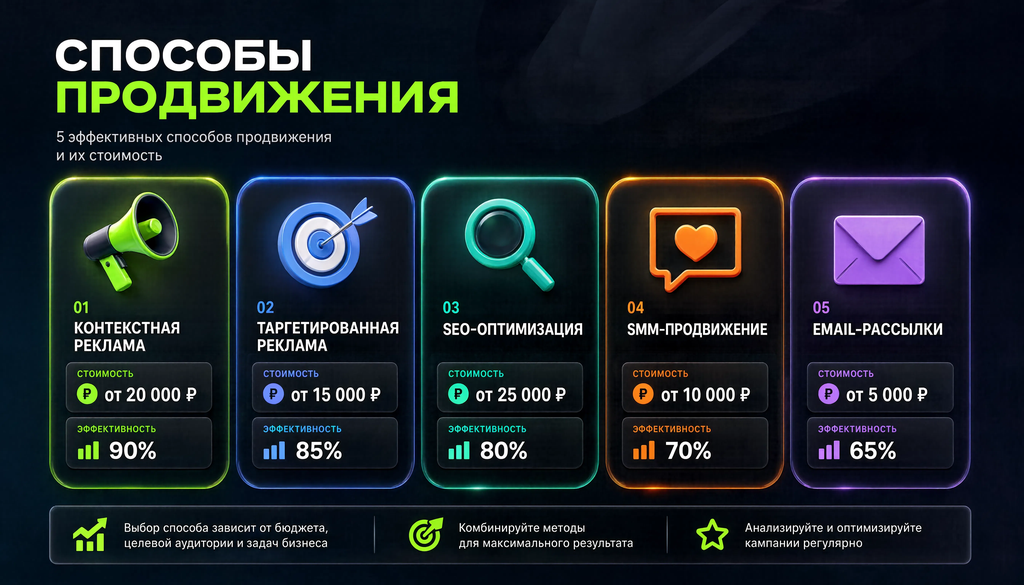 Инфографика: Способы продвижения - 5 способов с стоимостью и эффективностью