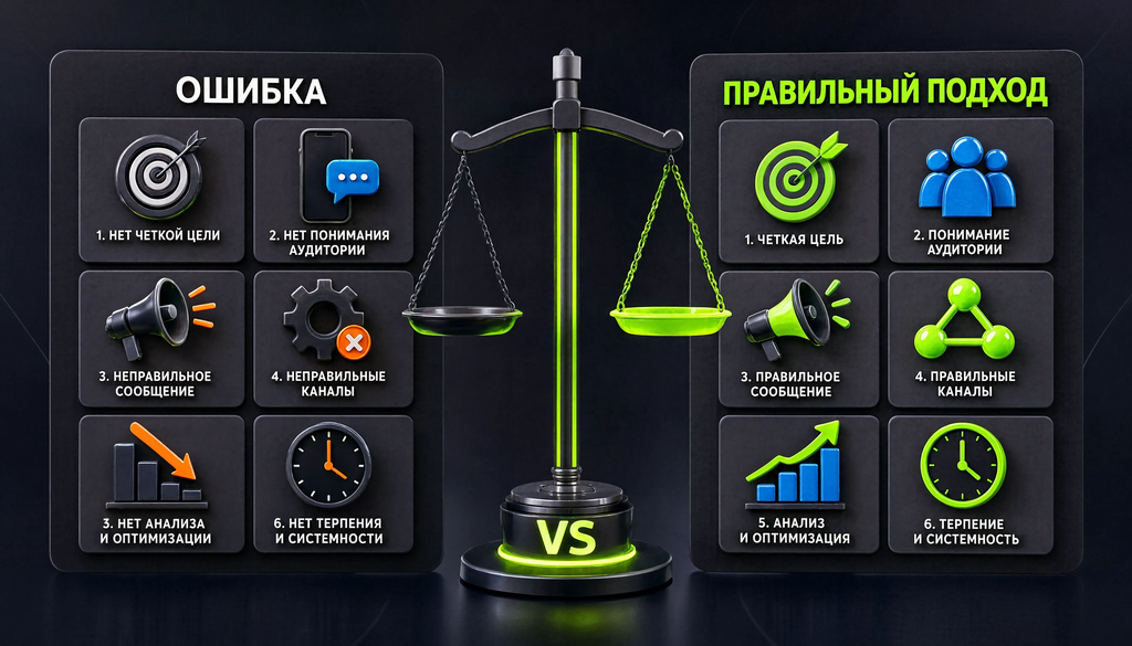 Сравнительная иллюстрация: 5-6 ошибок и правильный подход в двух колонках