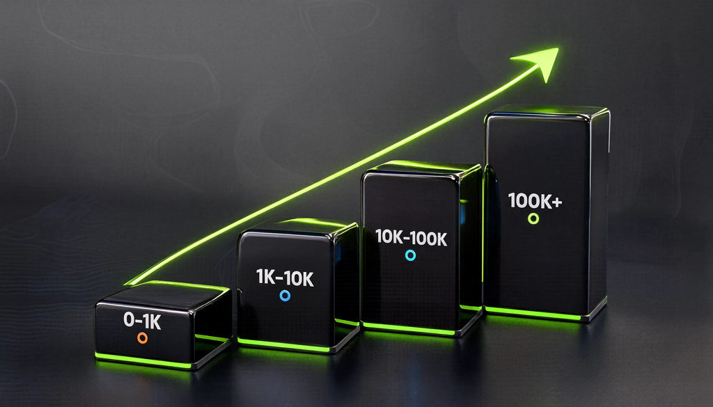 Infographic showing growth strategies at stages: 0-1K, 1K-10K, 10K-100K, and 100K+ followers