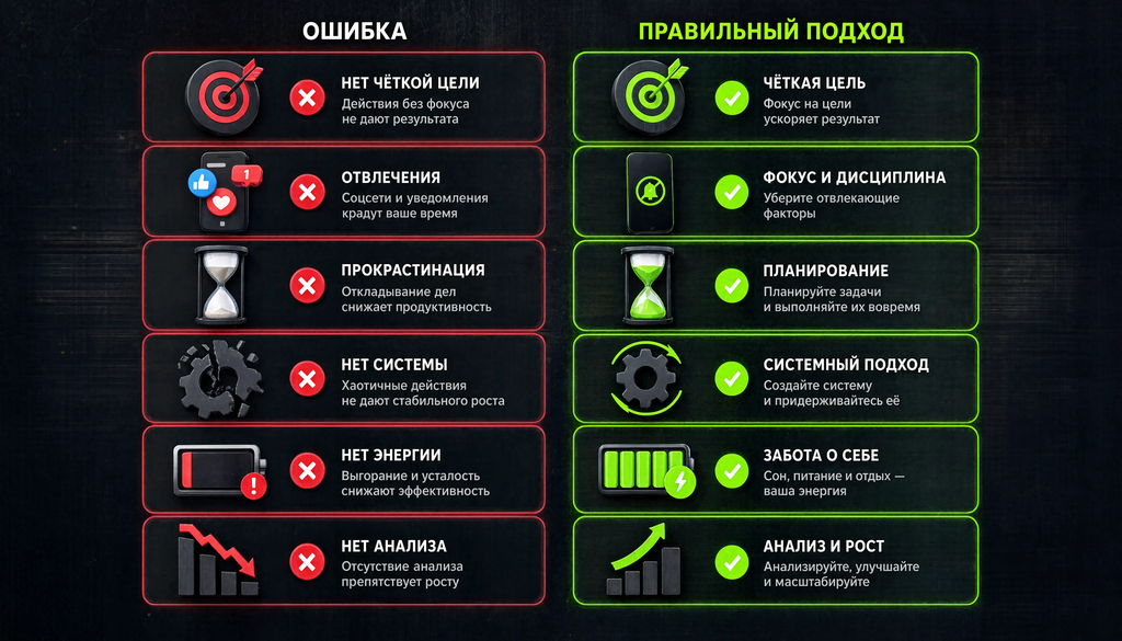 Сравнительная иллюстрация 5-6 ошибок и правильного подхода в двух колонках