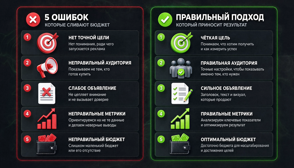 Сравнительная иллюстрация: 5&ndash;6 ошибок с правильным подходом, две колонки