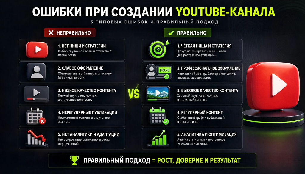 Сравнительная иллюстрация: 5-6 ошибок с правильным подходом, две колонки