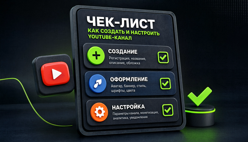 Инфографика чек-лист: визуальный список, сгруппированный по блокам создание, оформление, настройка
