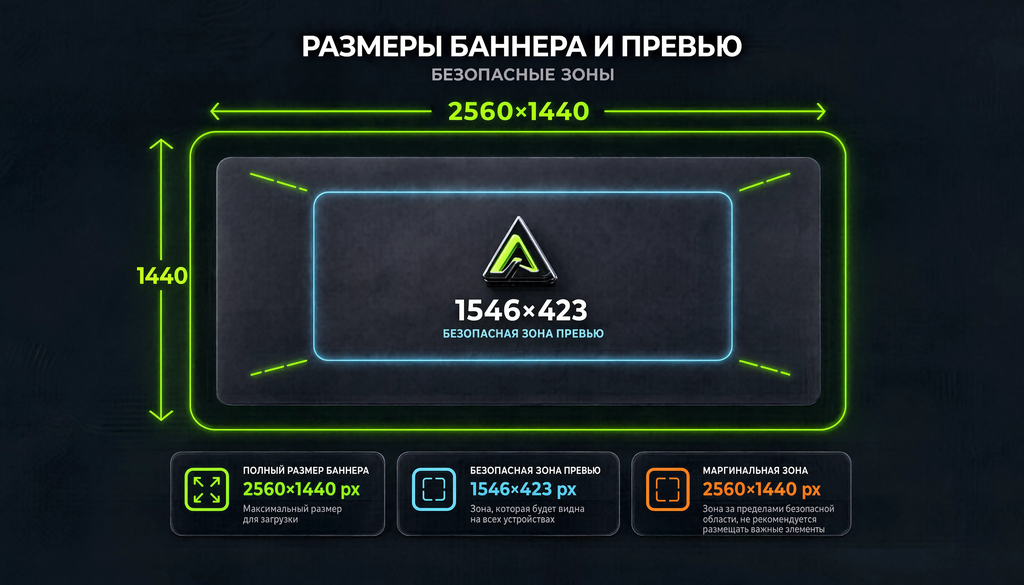 Размеры баннера и превью с безопасными зонами, схема 2560×1440 с зоной 1546×423