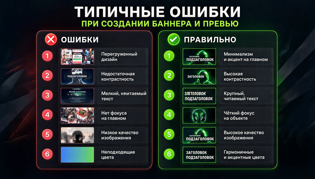 Сравнительная иллюстрация: 5-6 ошибок с правильным подходом, две колонки
