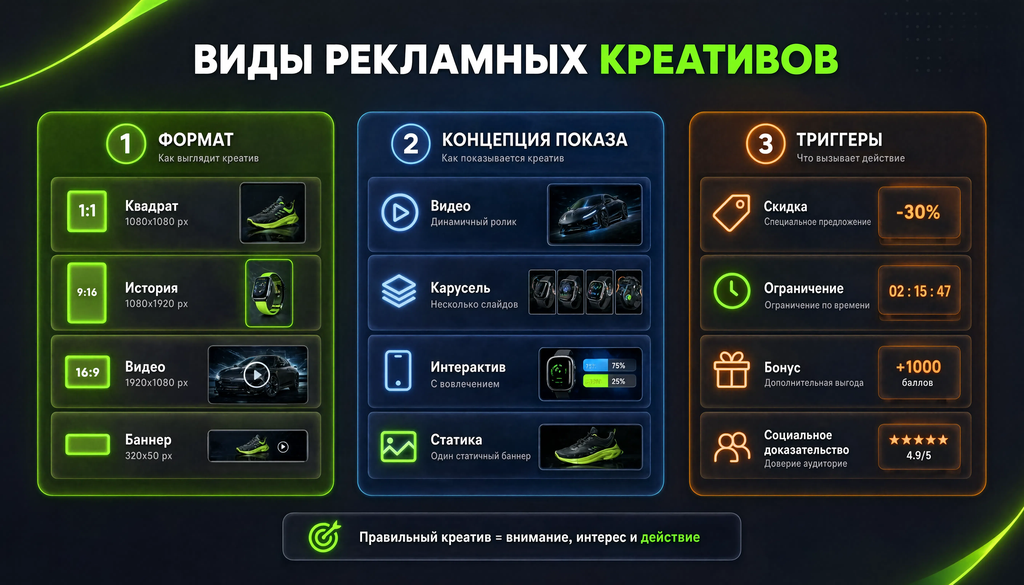 Инфографика: схема видов рекламных креативов, три категории (формат, концепция показа, триггеры) с примерами