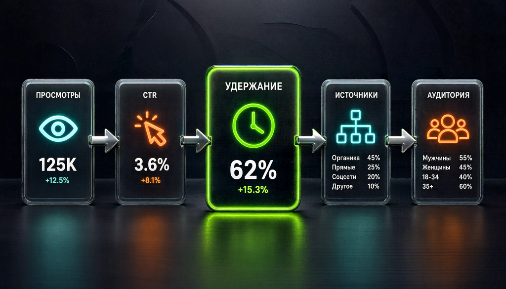 Инфографика: блок-схема воронки просмотры, CTR, удержание, источники, аудитория