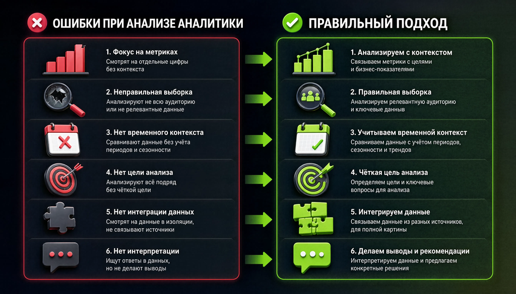 Сравнительная иллюстрация: 5-6 распространенных ошибок и правильный подход к их решению. Две колонки для наглядности.