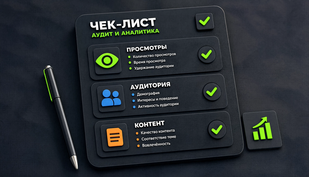 Инфографика чек-лист по блокам просмотры, аудитория, контент