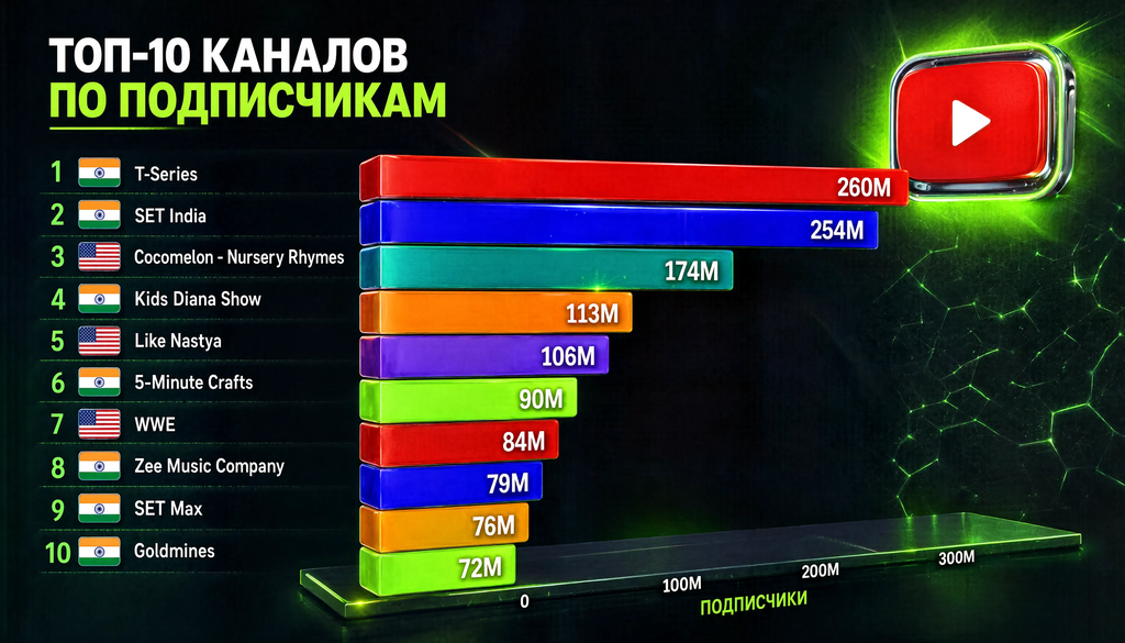 Top 10 channels by subscribers with flags - horizontal bar chart infographic