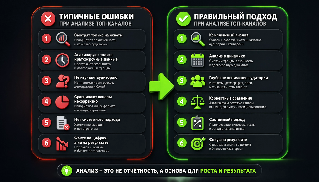 Сравнительная иллюстрация: 5-6 ошибок с правильным подходом, две колонки