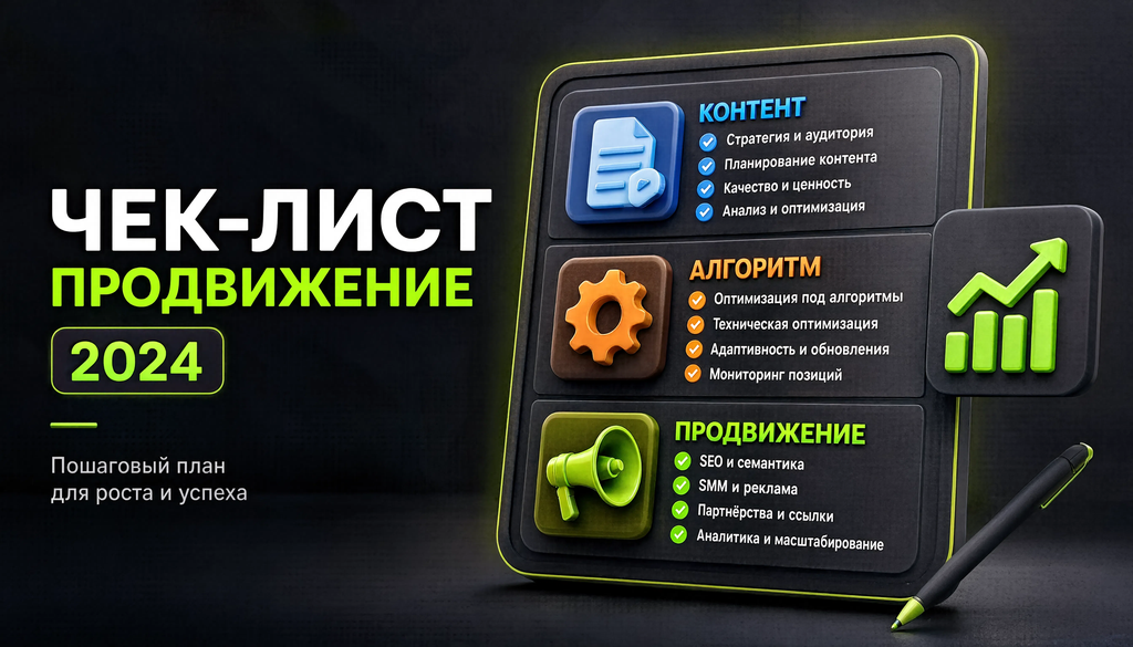 Чек-лист: визуальный список, сгруппированный по блокам: контент, алгоритм, продвижение