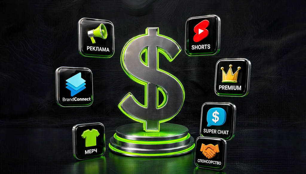 Infographic showing YouTube monetization methods: ads, Shorts, Premium, Super Chat, sponsorships, BrandConnect, and merchandise.