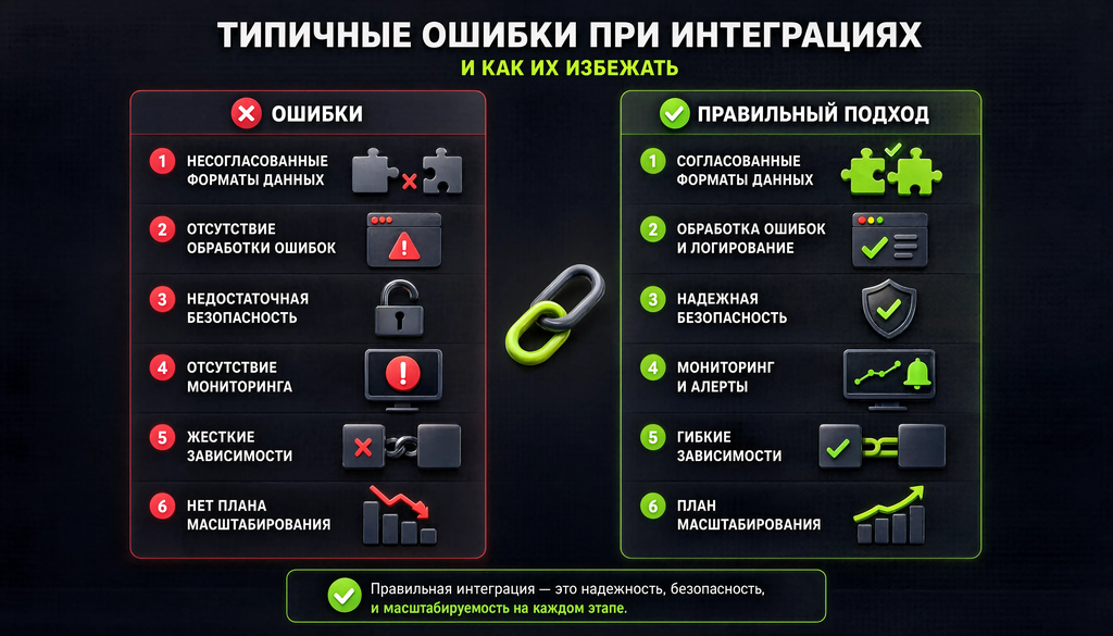 Сравнительная иллюстрация: 5-6 ошибок и правильный подход, две колонки