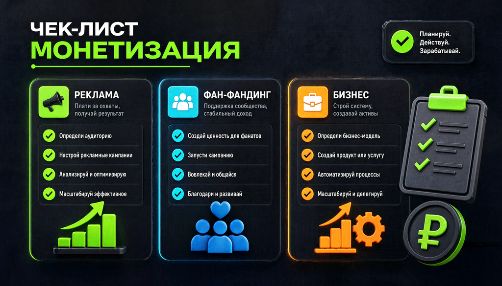 Инфографика чек-лист: реклама, фан-фандинг, бизнес