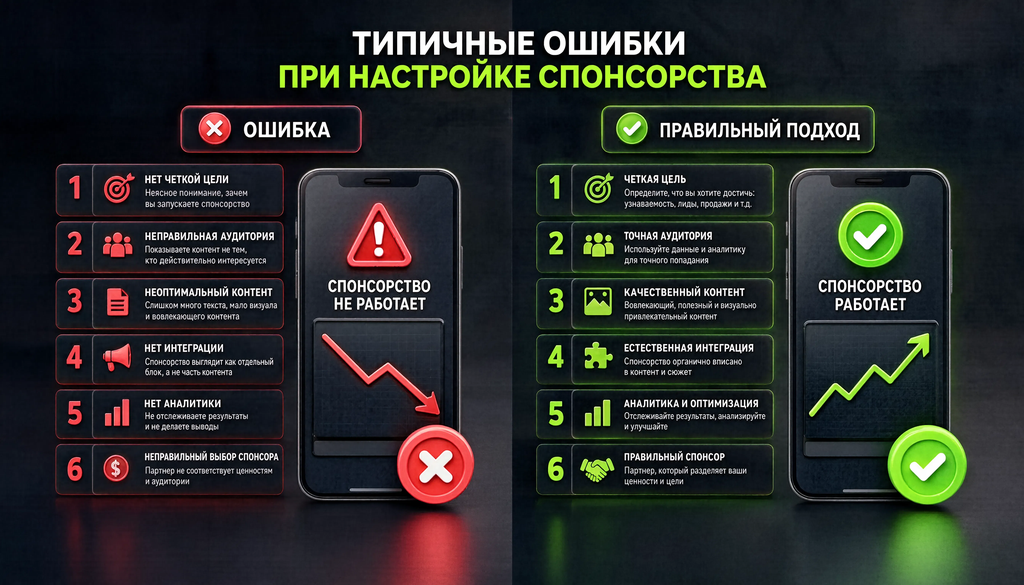 Сравнительная иллюстрация: 5-6 ошибок с правильным подходом, две колонки