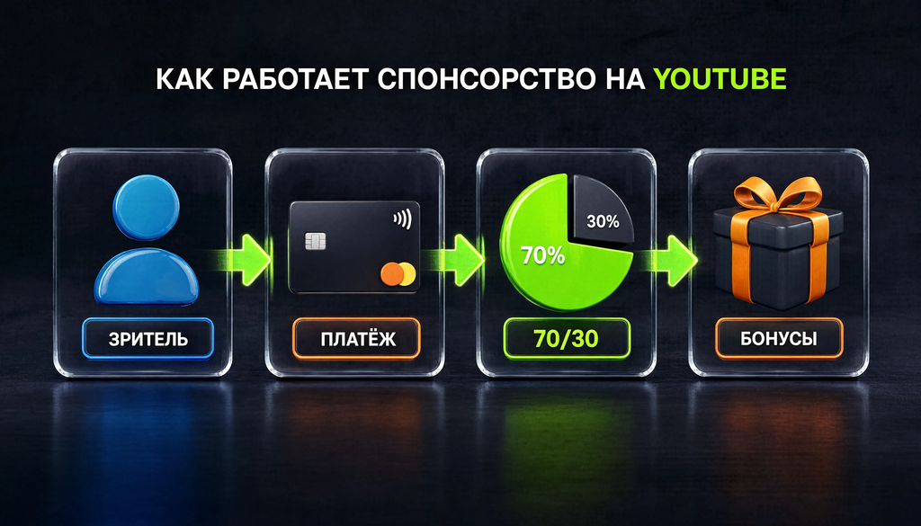 Схема механики спонсорства: зритель оплачивает, разделение 70/30, бонусы