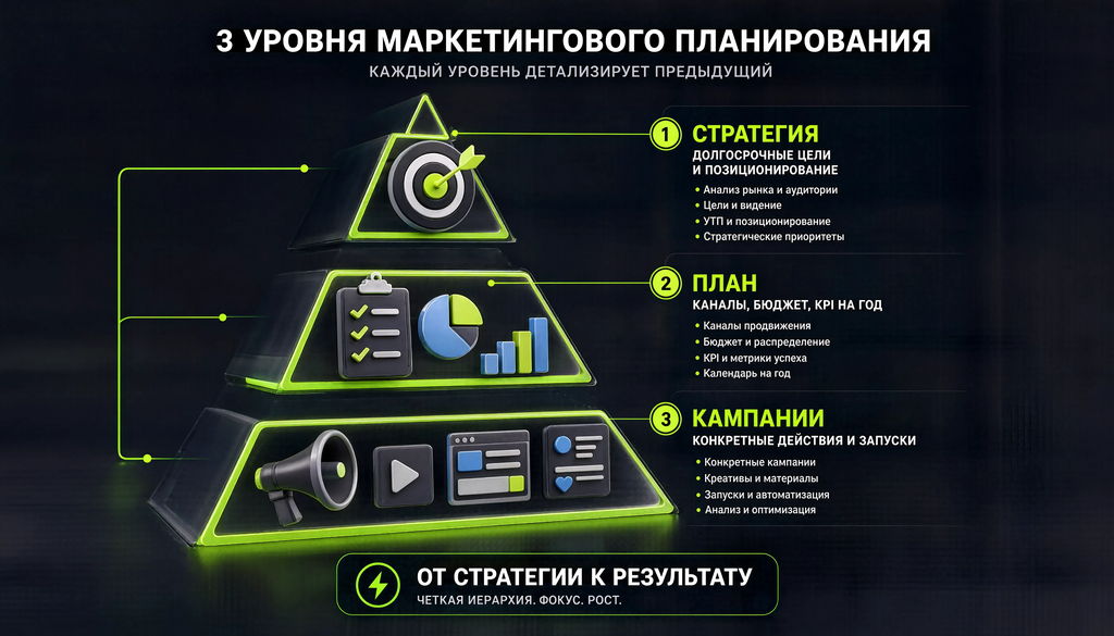 Инфографика трех уровней маркетингового планирования: стратегия (долгосрочные цели и позиционирование), план (каналы, бюджет, KPI на год), кампании (конкретные действия и запуски), показывающая детализацию каждого уровня.