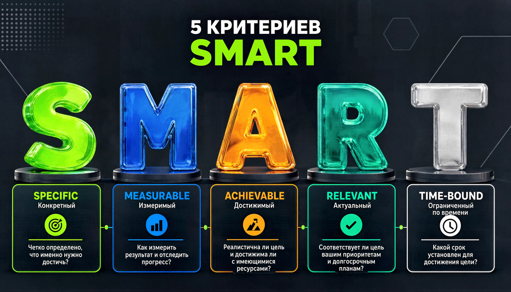 Инфографика 5 критериев SMART с расшифровкой и вопросами для проверки