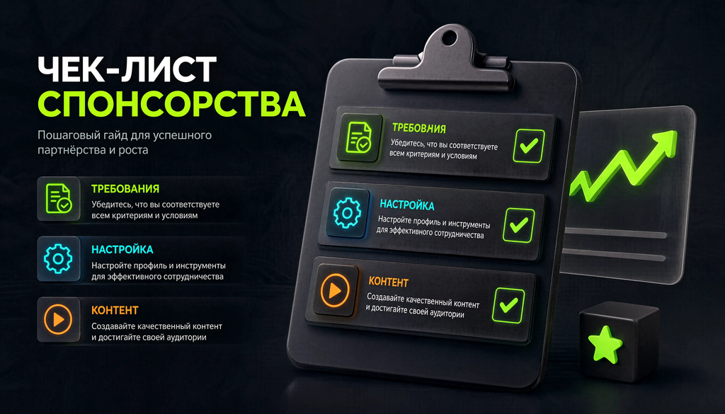Чек-лист спонсорства, сгруппированный по блокам: требования, настройка, контент, помогает автору быстро проверить готовность канала.