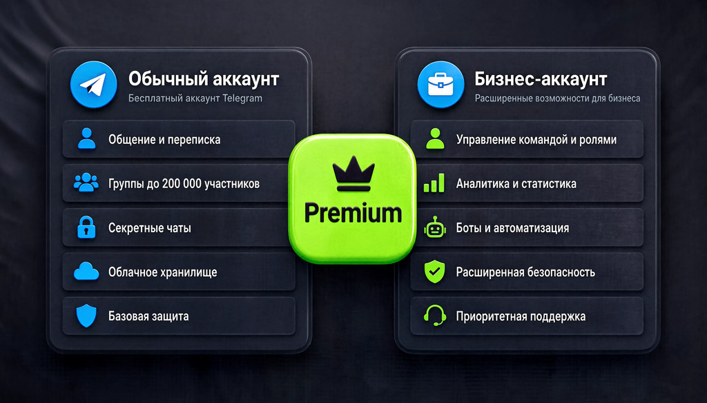 Сравнение обычного и бизнес-аккаунта Telegram: две колонки со списком функций, помогающее решить, нужен ли Premium под ваши задачи