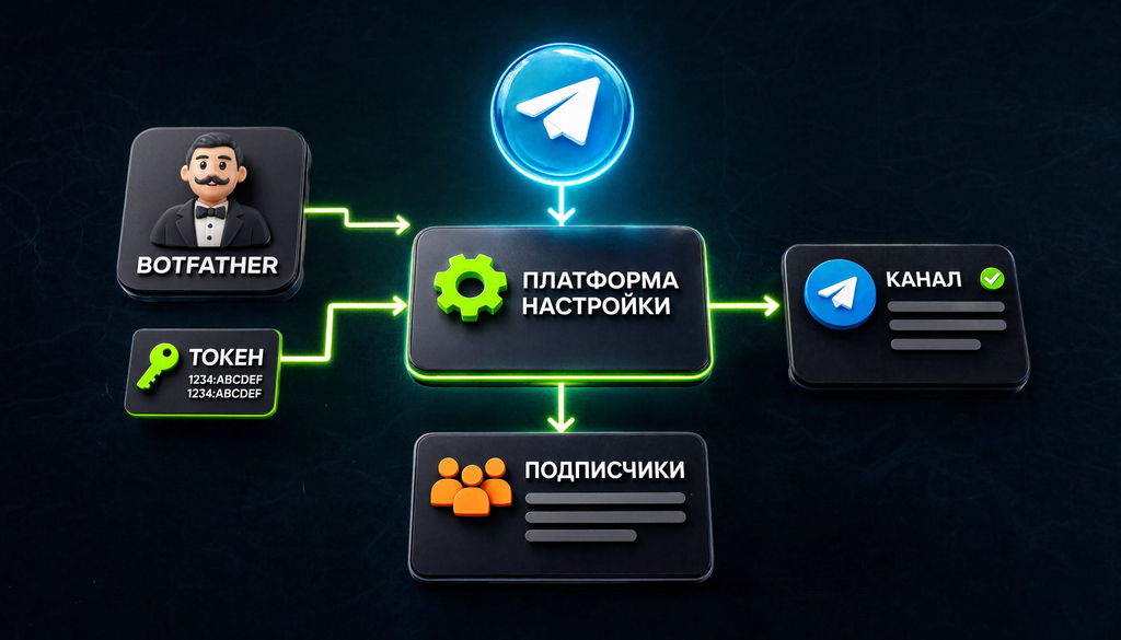 Схема подключения бота к Telegram-каналу от BotFather через токен и платформу настройки до канала и подписчиков
