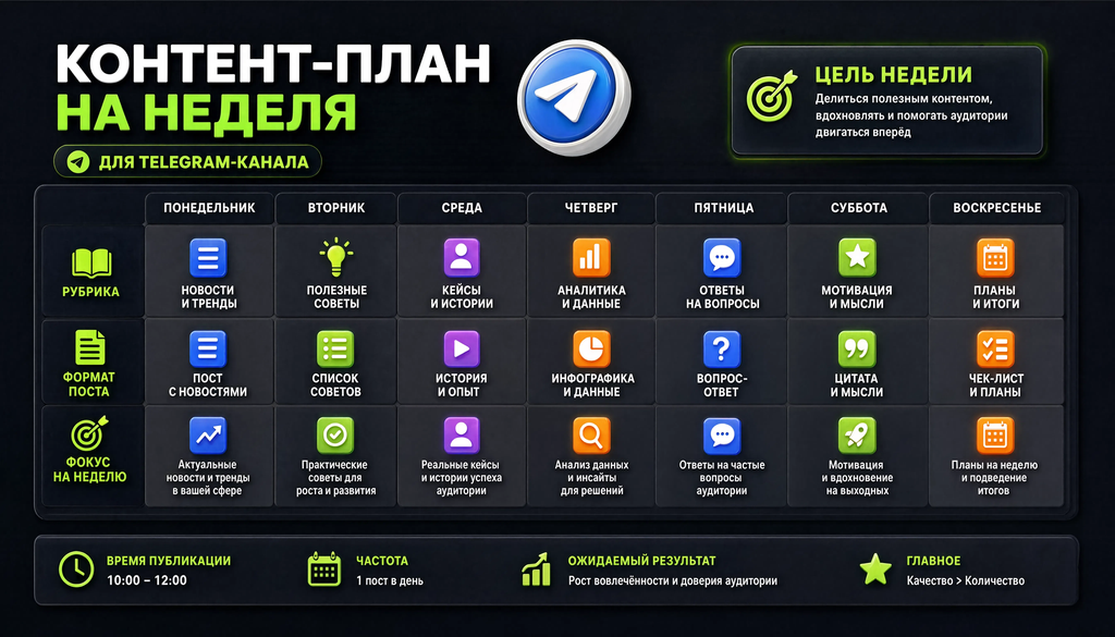 Инфографика: контент-план для Telegram-канала на неделю с рубриками и форматами постов.