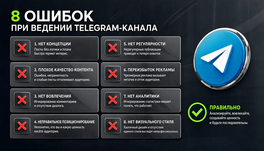 Инфографика: типичные ошибки при ведении Telegram-канала, чек-лист для самопроверки