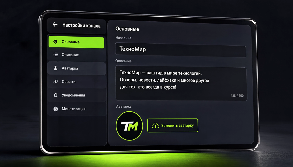 Screenshot of channel settings with Name, Description, and Avatar fields and an example filled profile