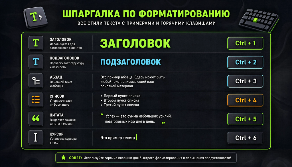 Наглядная шпаргалка по форматированию текста с примерами и горячими клавишами