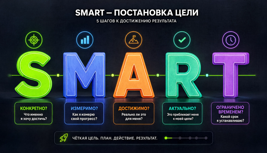 Пошаговая схема постановки цели по SMART с вопросами на каждом шаге — визуальная дорожная карта