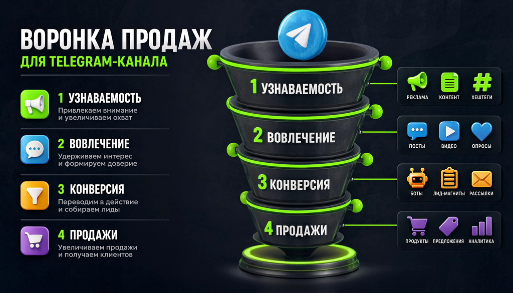 Infographic showing Telegram channel business tasks funnel from reach to conversion with key tools at each stage.