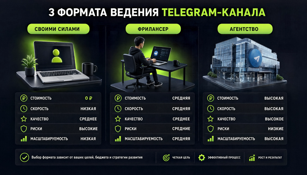 Сравнение трёх форматов ведения Telegram-канала &mdash; своими силами, фрилансер, агентство &mdash; по критериям: стоимость, скорость, качество, риски, масштабируемость.