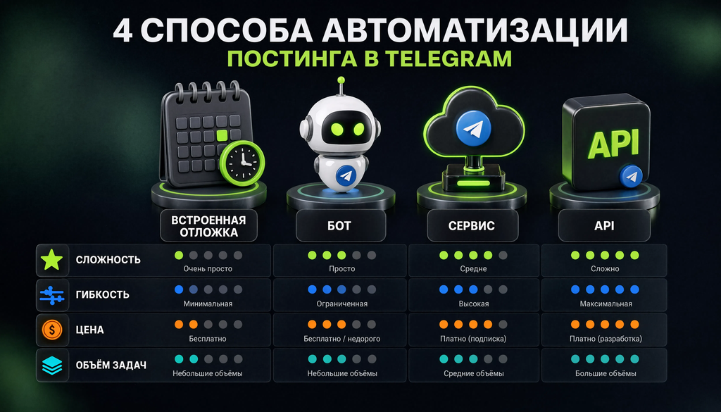 Инфографика: четыре способа автоматизации постинга в Telegram &mdash; встроенная отложка, боты, сервисы, API &mdash; сравнение по сложности, гибкости, цене и объему задач.