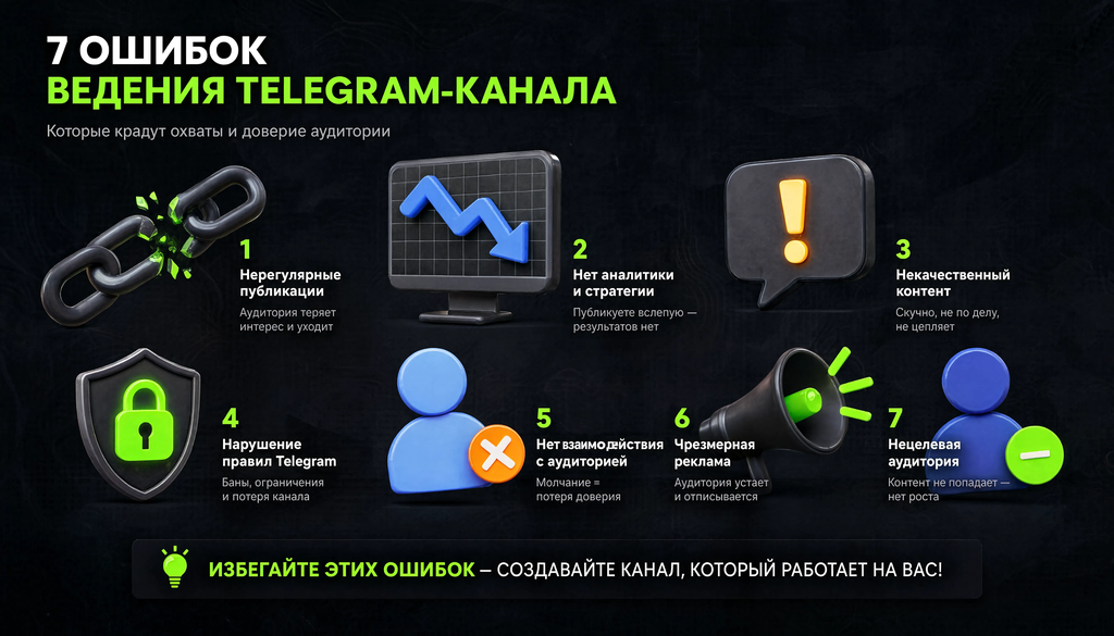 Инфографика: семь типичных ошибок ведения Telegram-канала, их проявления, последствия и способы исправления
