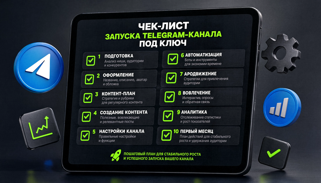 Чек-лист запуска Telegram-канала под ключ: подготовка, оформление, контент, автоматизация, продвижение, первый месяц &mdash; 10 пунктов с чекбоксами.