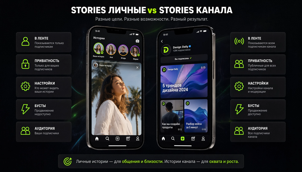 Сравнение интерфейса личных Stories и Stories канала: расположение в ленте, настройки, различия по приватности, бустам и аудитории.