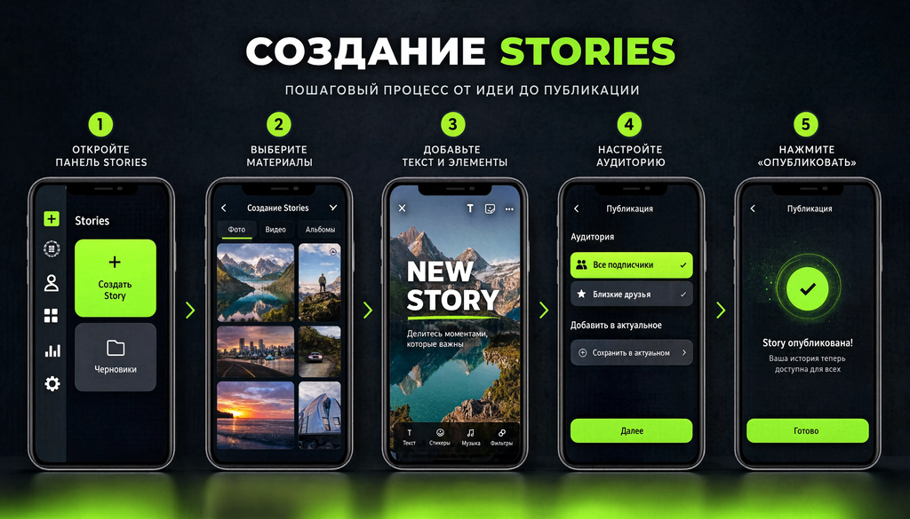 Пошаговый скриншот процесса создания Stories: от открытия панели до нажатия «Опубликовать» — 4-5 ключевых экранов с подписями шагов