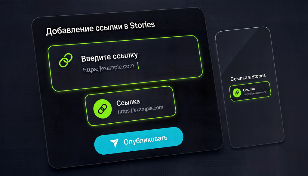 Process of adding a link in Stories: caption field with link, sticker-link, and clickable link view from viewer perspective