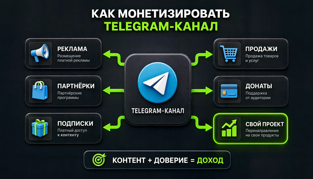 Схема основных способов монетизации Telegram-канала: блоки способов, стрелки к источникам дохода, подписи