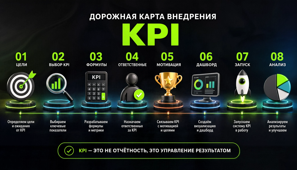 Пошаговая схема внедрения KPI: цели, выбор KPI, формулы, ответственные, мотивация, дашборд, запуск, анализ.